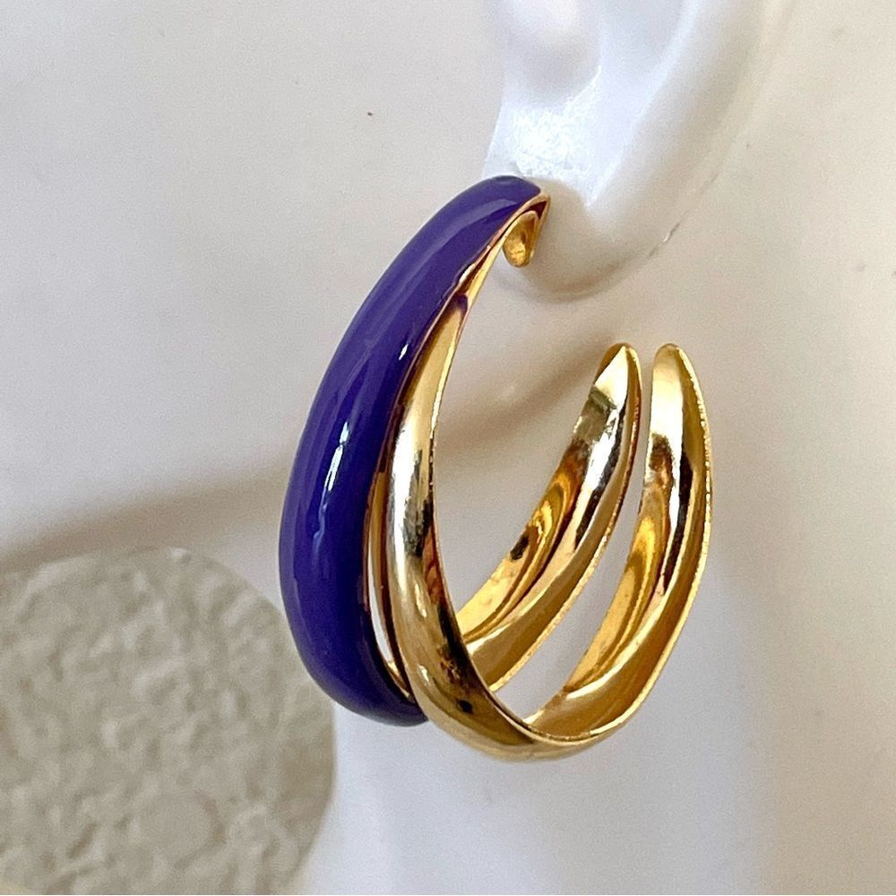 Purple and gold tone post hoop earrings